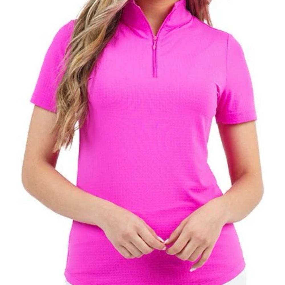 Ibkul Women's Pink Short Sleeve 1/4 Zip Mock Neck Top
